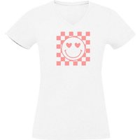 MyDesign24 T-Shirt Damen Smiley Print Shirt - Smiley mit Herzaugen und Schachbrettmuster V-Ausschnitt Baumwollshirt mit Aufdruck Slim Fit, i290 von MyDesign24