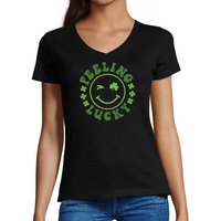 MyDesign24 T-Shirt Damen Smiley Print Shirt - Zwinkernder Smiley Feeling Lucky V-Ausschnitt Baumwollshirt mit Aufdruck Slim Fit, i295 von MyDesign24