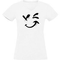 MyDesign24 T-Shirt Damen Smiley Print Shirt - Zwinkernder Smiley V-Ausschnitt Baumwollshirt mit Aufdruck Slim Fit, i294 von MyDesign24