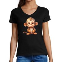 MyDesign24 T-Shirt Damen Wildtier Print Shirt - Baby Affe Schimpanse V-Ausschnitt Baumwollshirt mit Aufdruck Slim Fit von MyDesign24