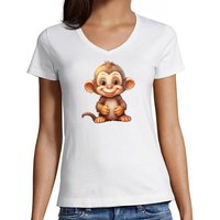 MyDesign24 T-Shirt Damen Wildtier Print Shirt - Baby Affe Schimpanse V-Ausschnitt Baumwollshirt mit Aufdruck Slim Fit von MyDesign24