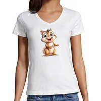 MyDesign24 T-Shirt Damen Wildtier Print Shirt - Baby Eichhörnchen V-Ausschnitt Baumwollshirt mit Aufdruck Slim Fit, i262 von MyDesign24