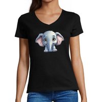 MyDesign24 T-Shirt Damen Wildtier Print Shirt - Baby Elefant V-Ausschnitt Baumwollshirt mit Aufdruck Slim Fit, i272 von MyDesign24