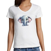MyDesign24 T-Shirt Damen Wildtier Print Shirt - Baby Elefant V-Ausschnitt Baumwollshirt mit Aufdruck Slim Fit, i272 von MyDesign24