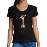 MyDesign24 T-Shirt Damen Wildtier Print Shirt - Baby Giraffe V-Ausschnitt Baumwollshirt mit Aufdruck Slim Fit, i273 von MyDesign24