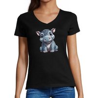 MyDesign24 T-Shirt Damen Wildtier Print Shirt - Baby Hippo Nilpferd V-Ausschnitt Baumwollshirt mit Aufdruck Slim Fit, i265 von MyDesign24
