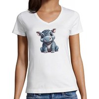 MyDesign24 T-Shirt Damen Wildtier Print Shirt - Baby Hippo Nilpferd V-Ausschnitt Baumwollshirt mit Aufdruck Slim Fit, i265 von MyDesign24