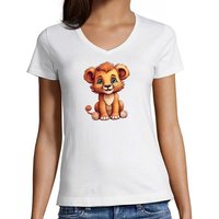 MyDesign24 T-Shirt Damen Wildtier Print Shirt - Baby Löwe V-Ausschnitt Baumwollshirt mit Aufdruck Slim Fit, i267 von MyDesign24