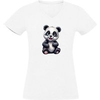 MyDesign24 T-Shirt Damen Wildtier Print Shirt - Baby Panda Bär V-Ausschnitt Baumwollshirt mit Aufdruck Slim Fit, i264 von MyDesign24