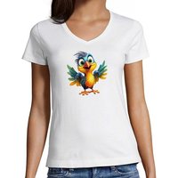 MyDesign24 T-Shirt Damen Wildtier Print Shirt - Baby Paradies Vogel V-Ausschnitt Baumwollshirt mit Aufdruck Slim Fit, i271 von MyDesign24