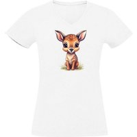 MyDesign24 T-Shirt Damen Wildtier Print Shirt - Baby Reh V-Ausschnitt Baumwollshirt mit Aufdruck Slim Fit, i269 von MyDesign24