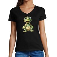 MyDesign24 T-Shirt Damen Wildtier Print Shirt - Baby Schildkröte V-Ausschnitt Baumwollshirt mit Aufdruck Slim Fit, i279 von MyDesign24