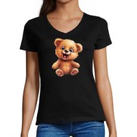 MyDesign24 T-Shirt Damen Wildtier Print Shirt - Baby Teddybär V-Ausschnitt Baumwollshirt mit Aufdruck Slim Fit, i268 von MyDesign24