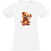 MyDesign24 T-Shirt Damen Wildtier Print Shirt - Baby Teddybär V-Ausschnitt Baumwollshirt mit Aufdruck Slim Fit, i268 von MyDesign24