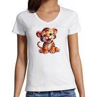 MyDesign24 T-Shirt Damen Wildtier Print Shirt - Baby Tiger V-Ausschnitt Baumwollshirt mit Aufdruck Slim Fit, i266 von MyDesign24