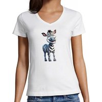 MyDesign24 T-Shirt Damen Wildtier Print Shirt - Baby Zebra V-Ausschnitt Baumwollshirt mit Aufdruck Slim Fit, i280 von MyDesign24
