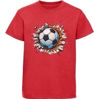 MyDesign24 T-Shirt Kinder Fussball Print Shirt - Fussball der durch Wand fliegt Bedrucktes Jungen und Mädchen Fussball T-Shirt, i483 von MyDesign24