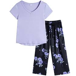 MyFav Damen Kurzarm Pyjama Sommer Zweiteiliger Schlafanzug Lounge Nachtwäsche Sleepwear(violett,M) von MyFav