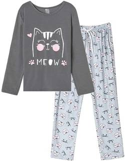 MyFav Damen Lange Pyjamas Niedlicher Katzen Pyjama Set Schlafanzug Freizeitanzug Langarm Rundhalsausschnitt 2 Stück Nachtwäsche,Grau,L von MyFav