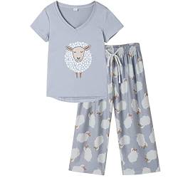 MyFav Damen Nachtwäsche Soft Rotwein Gedruckt Kurzarm Pyjama Capri Set, Graues Schaf, 50 von MyFav