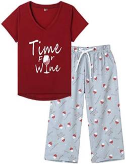 MyFav Damen Nachtwäsche Weich Rotwein Bedruckt Kurzarm Pyjama Capri Set, wein, 36 von MyFav