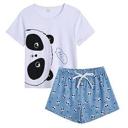 MyFav Damen-Pyjama-Set, niedliches Panda-Muster, kurze Ärmel, gestreifte Shorts, Nachtwäsche, Blauer Panda, 38 von MyFav