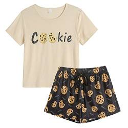 MyFav Damen-Pyjama-Set, niedliches Panda-Muster, kurze Ärmel, gestreifte Shorts, Nachtwäsche, cookie, 42 von MyFav