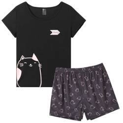 MyFav Damen-Pyjama-Set, niedliches Panda-Muster, kurze Ärmel, gestreifte Shorts, Nachtwäsche, katze, 32 von MyFav