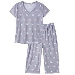 MyFav Damen Pyjama Set Sommer Schlafanzug Kurz Hausanzug Kurzarm Oberteil und Hose Nachthemd Zweiteiliger Freizeitanzug,Grauer Stern,3XL von MyFav