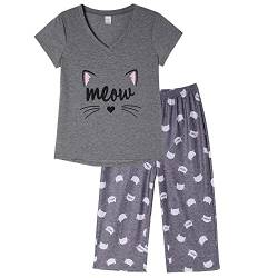 MyFav Damen Pyjama Set Sommer Schlafanzug Kurz Nachtwäsche Weich Hausanzug 2 Stück Loungewear für Frauen,Graue Katze,L von MyFav