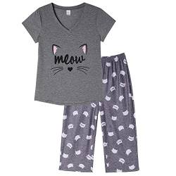 MyFav Damen Pyjama Set Sommer Schlafanzug Kurz Nachtwäsche Weich Hausanzug 2 Stück Loungewear für Frauen,Graue Katze,M von MyFav