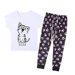 MyFav Damen Pyjama Sets Lang Winter Nachtwäsche Rundhals Süße Katze Zweiteiliger Hausanzug Schlafanzug,Weiß,S von MyFav