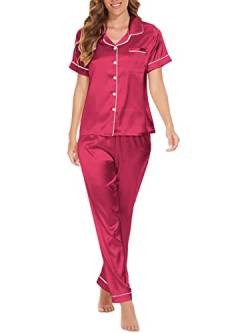 MyFav Damen Pyjama Sets Zweiteilige Schlafanzug Kurzarm Shirt und Lange Hose Nachtwäsche Lounge Set,Weinrot,L von MyFav