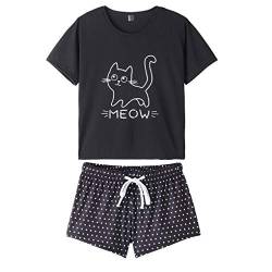 MyFav Damen Pyjamas Schlafanzug Bequem Stilvoll Katze Cartoon gedruckt Nachtwäsche, Schwarz, X-Small von MyFav