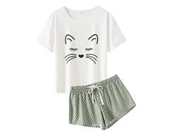 MyFav Damen Pyjamas Schlafanzug Bequem Stilvoll Katze Cartoon gedruckt Nachtwäsche,Grün, XX-Large von MyFav