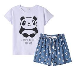 MyFav Damen Pyjamas Set Süßer Panda-Print Schlafanzug Lounge Kurze Nachtwäsche Hausanzug für Frauen(Weiß,L) von MyFav