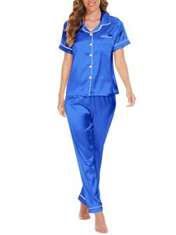 MyFav Damen Satin Pyjama Button Down Schlafanzug Kurzarm Nachtwäsche Top and Lange Hosen Set Frauen Pjs Sets Hausanzug Loungewear,Blau,M von MyFav