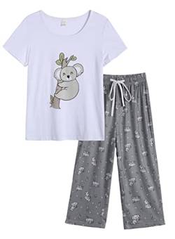 MyFav Damen-Schlafanzug, weich, rot, weinrot, bedruckt, kurzärmelig, Capri-Set, Koala, 38 von MyFav