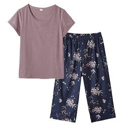 MyFav Damen Schlafanzug Kurz Pyjama Set Blumendruck Zweiteiliger Hausanzug Kurzarm Top und 3/4 Lange Hose Nachtwäsche,Dunkelblau,L von MyFav