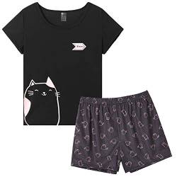 MyFav Damen Schlafanzug Kurz Pyjama Set Kurzarm Cartoon Nachtwäsche Rund Ausschnitt Zweiteiliger Hausanzug (schwarz,L) von MyFav