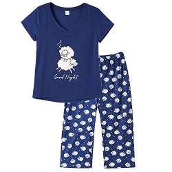 MyFav Damen Schlafanzug Kurz Pyjama Set Zweiteilige Nachtwäsche Niedlich Hausanzug Kurzarm Shirt mit 3/4 Hose,Blaues Schaf,L von MyFav