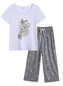 MyFav Damen Schlafanzug Kurzarm Tops mit Capri Hosen Pyjama Sets(Large,Koala) von MyFav