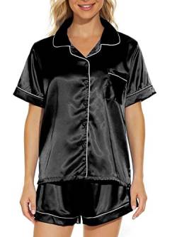 MyFav Damen-Schlafanzug-Set, aus Seide, Satin, kurzärmelig, Nachtwäsche, zweiteilig, Pyjama-Set, Button-Down-Loungewear, S-2XL, Schwarz , 32 von MyFav