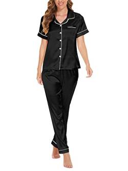 MyFav Damen-Schlafanzug-Set, aus Seide, Satin, kurzärmelig, Nachtwäsche, zweiteilig, Pyjama-Set, Button-Down-Loungewear, S-2XL, Schwarz lang, 38 von MyFav