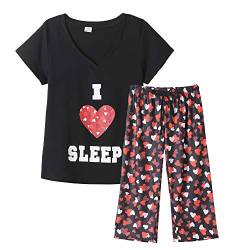 MyFav Damen Schlafanzug Set Süßer Herzdruck Pyjama Frauen Kurzarm Capri Nachtwäsche Frühling Herbst Sleepwear(Schwarz,S) von MyFav