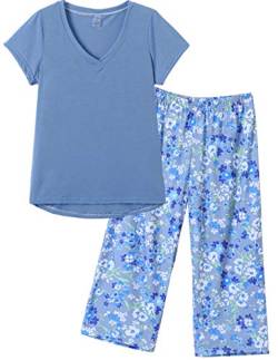 MyFav Damen Stilvoll Schlafanzug Sommer Zweiteiliger V Ausschnitt Pyjama Lounge Hausanzug(blau,XXL) von MyFav