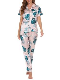 MyFav Pyjama-Set für Damen, Nachthemden, zweiteilig, aus Satin, Nachtwäsche, kurzärmlig, mit Knöpfen, Rosa, 32 von MyFav