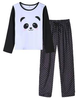 MyFav Pyjama für Damen, lang, Pyjama-Set, Freizeitkleidung, Langarm, Nachtwäsche, zweiteilig, Panda schwarz, 36 von MyFav