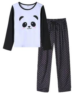 MyFav Pyjama für Damen, lang, Pyjama-Set, Freizeitkleidung, Langarm, Nachtwäsche, zweiteilig, Panda schwarz, 38 von MyFav