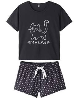 MyFav Pyjama für Damen, niedlich, Panda, T-Shirt, Nachtwäsche, Oberteil und Shorts, Set Pyjamas, Sommerkomfort Damen, Schwarz , 46 von MyFav